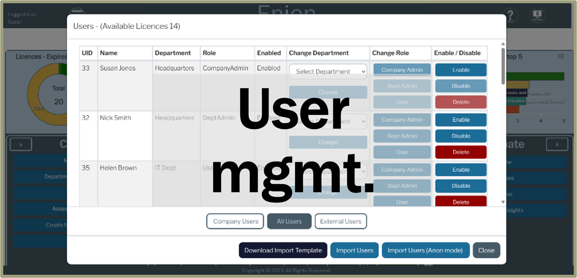 Enien user management dashboard displaying user list and access controls